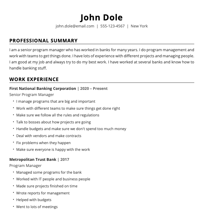 Resume before optimization - basic formatting and weak content