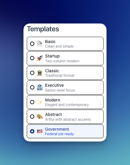 OneTwoResume template for federal jobs